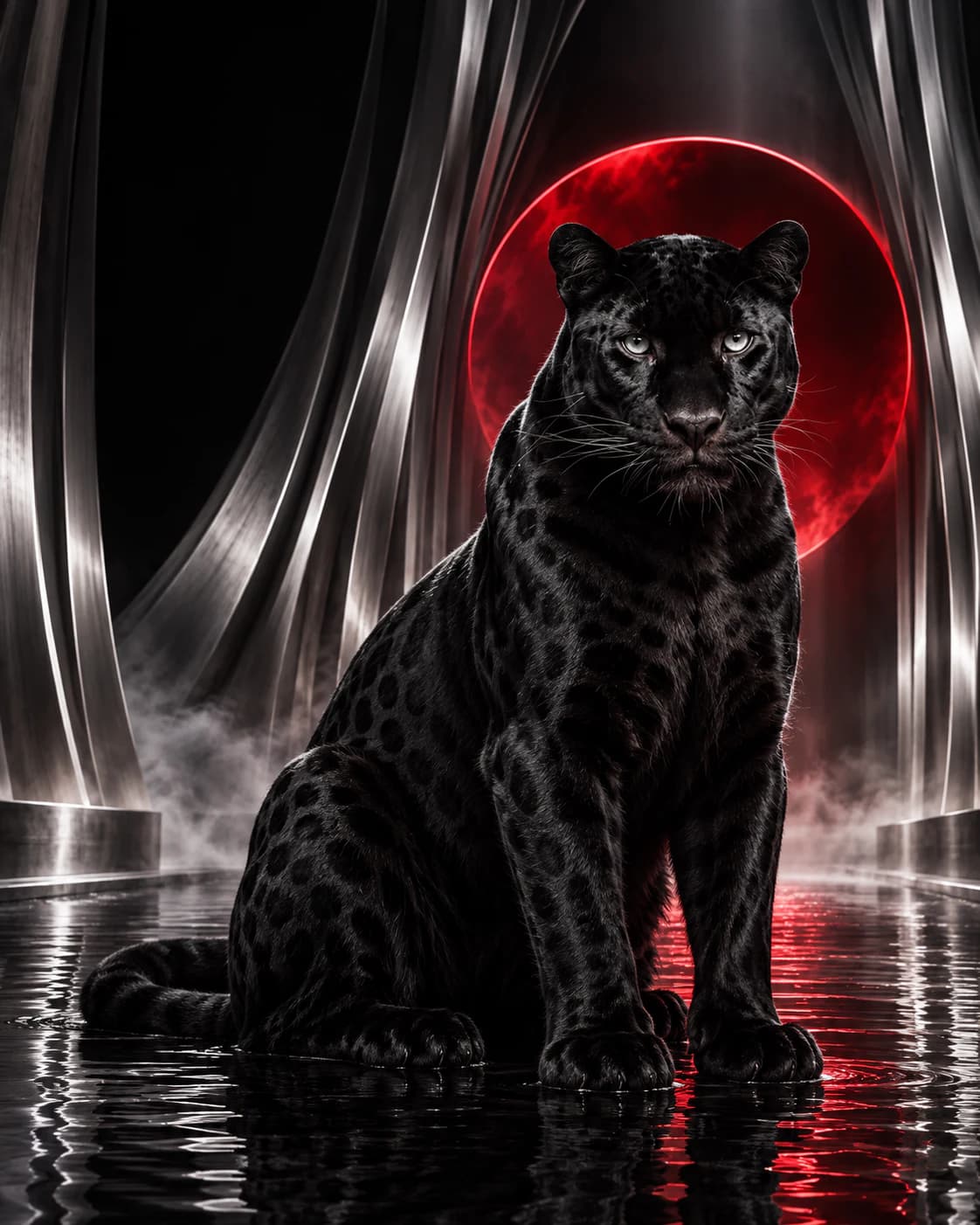 A black panther seated between silver arches and a crimson light portal