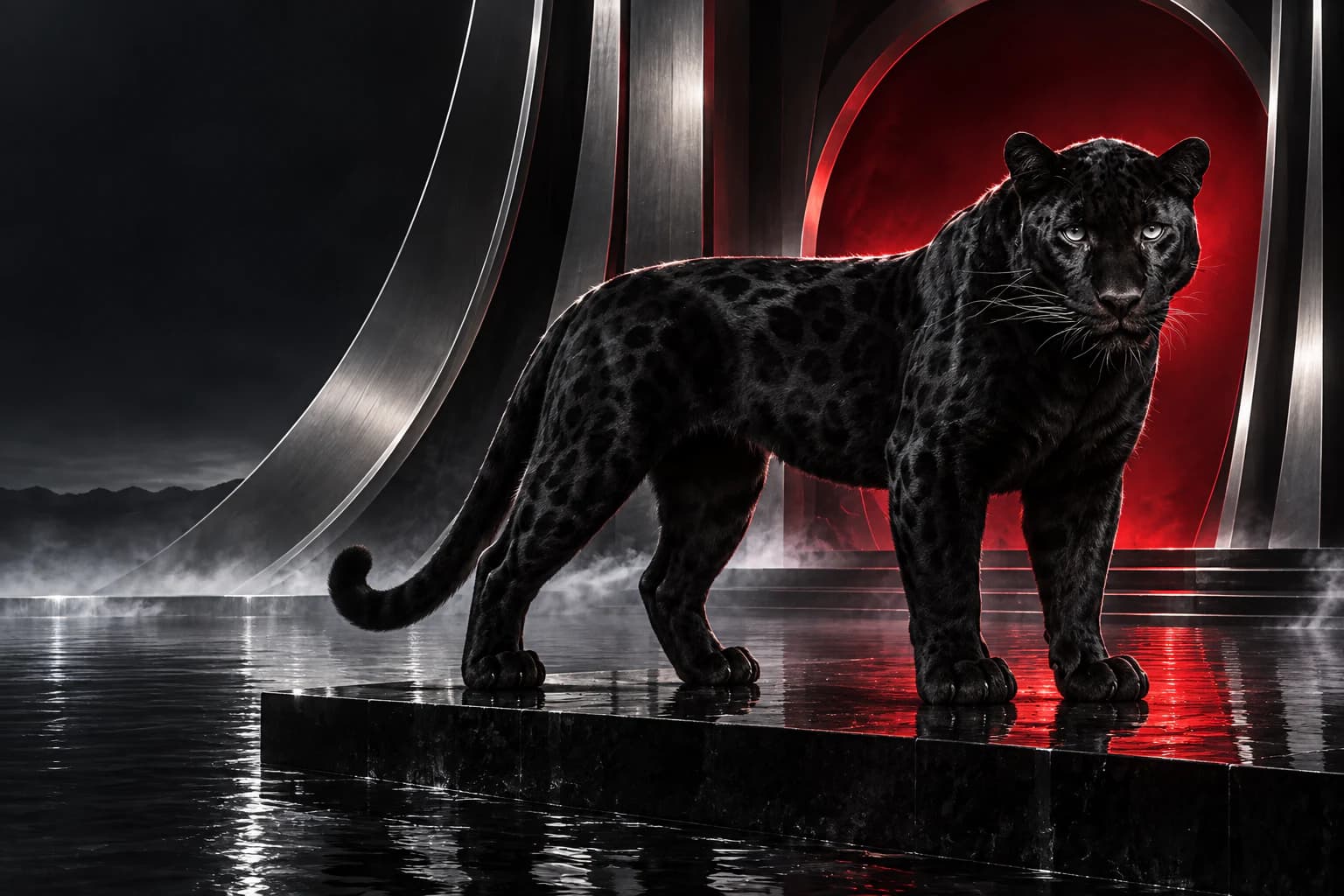 A black panther in a futuristic silver observatory illuminated by a crimson portal