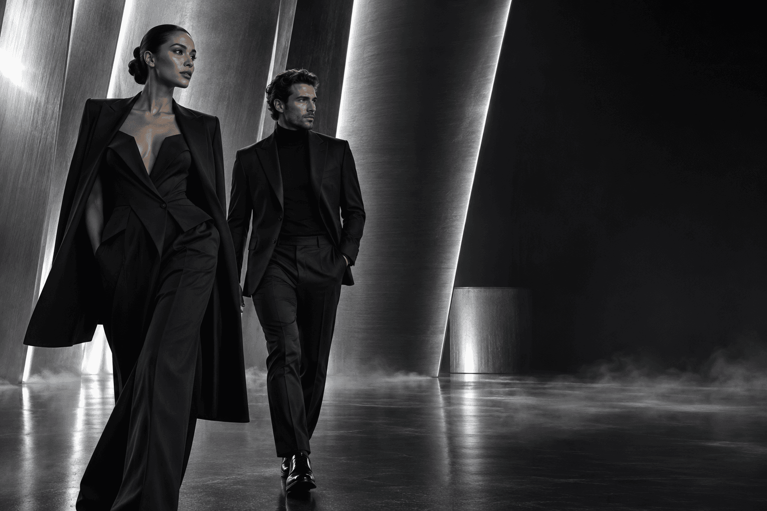 Two people in black tailoring walking through a silver architectural gallery
