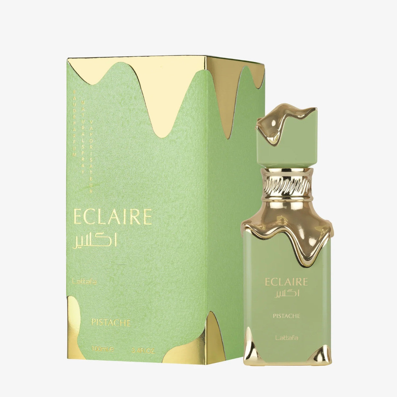 Lattafa Eclaire Pistache EDP 3.4oz unisex fragrance bottle and box