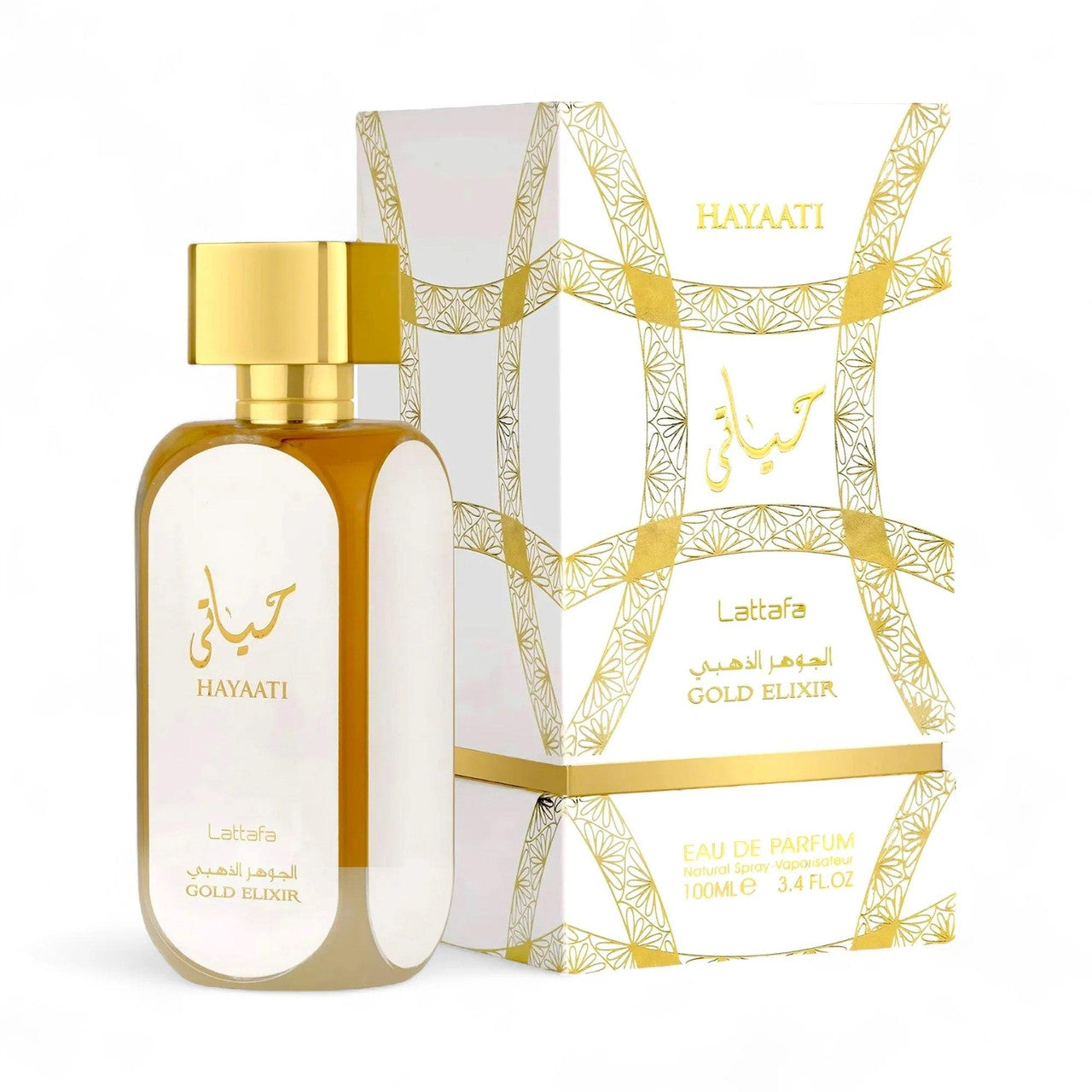 Lattafa Hayaati Gold Elixir EDP 3.4oz for women fragrance bottle and box