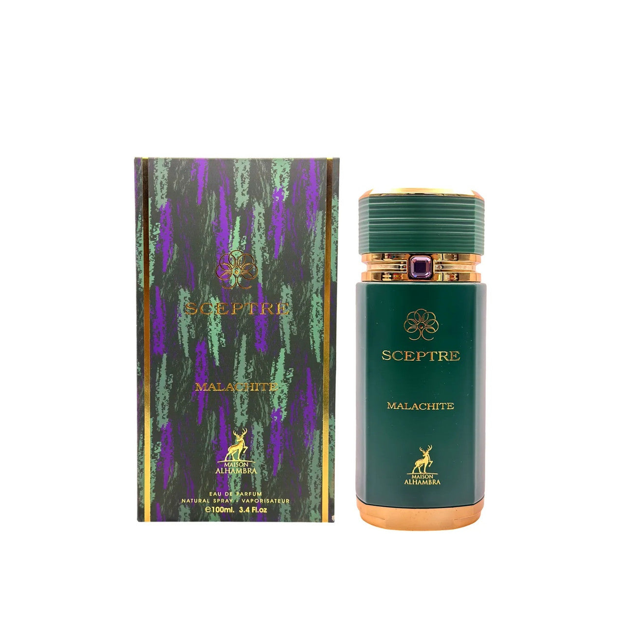 Lattafa Alhambra Sceptre Malachite EDP 3.4oz unisex fragrance bottle and box