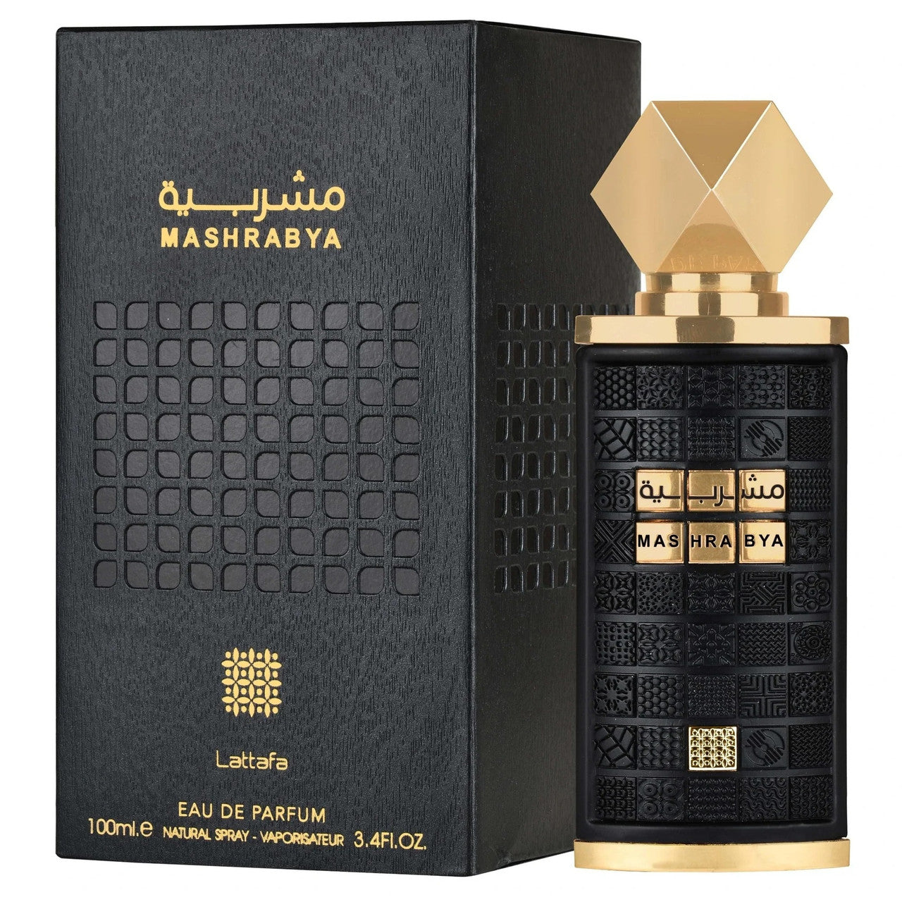 Lattafa Mashrabya EDP 3.4oz unisex fragrance bottle and box