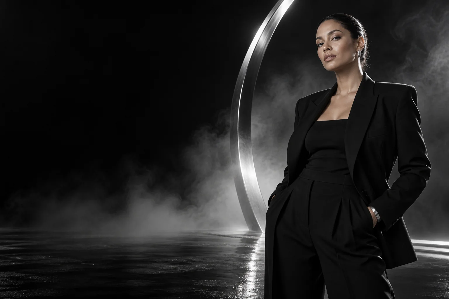 Woman in architectural black tailoring beside a polished silver arc